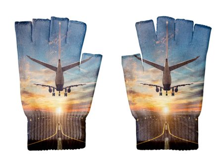 Airplane over Runway Towards the Sunrise Designed Cut Gloves Fashion