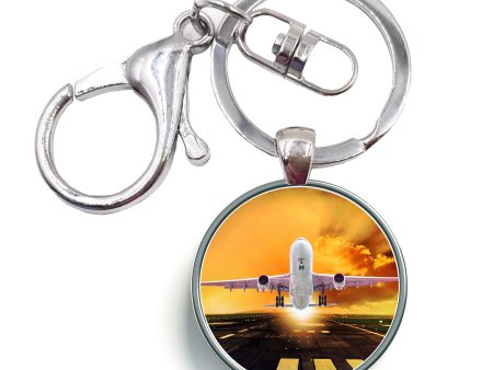 Amazing Departing Aircraft Sunset & Clouds Behind Designed Circle Key Chains Online Sale