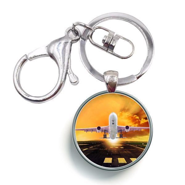 Amazing Departing Aircraft Sunset & Clouds Behind Designed Circle Key Chains Online Sale