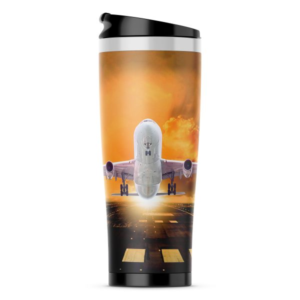 Amazing Departing Aircraft Sunset & Clouds Behind Designed Stainless Steel Travel Mugs Online Sale