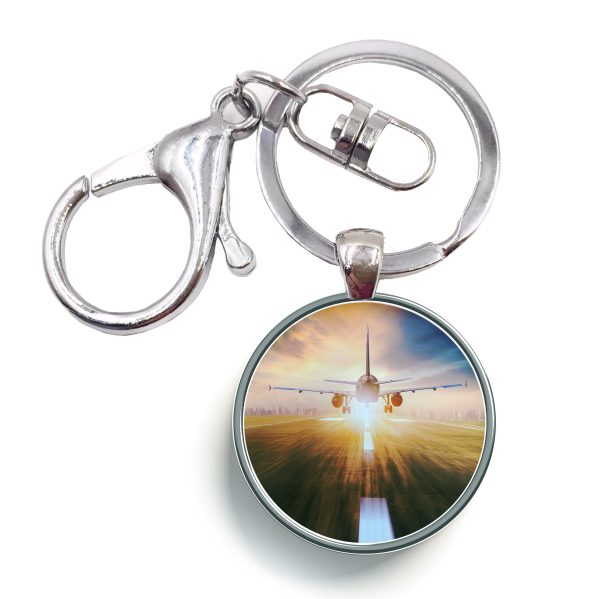 Airplane Flying Over Runway Designed Circle Key Chains Online now