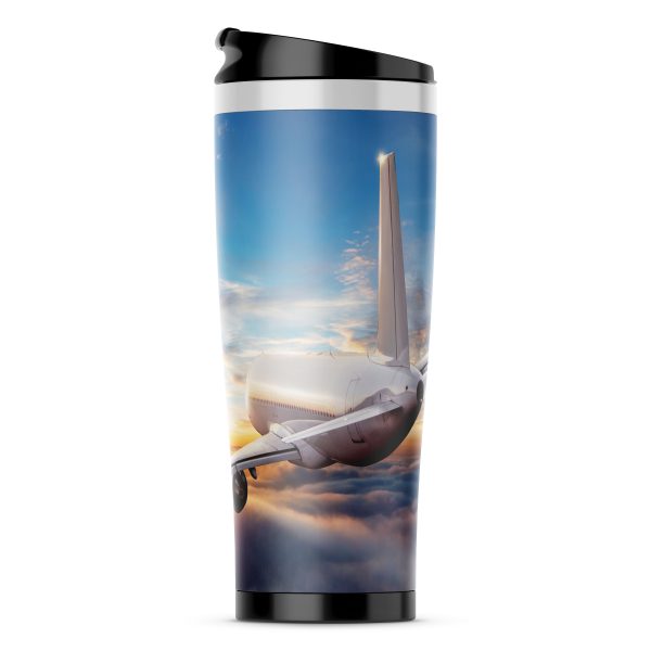 Airliner Jet Cruising over Clouds-Vertical Designed Stainless Steel Travel Mugs on Sale