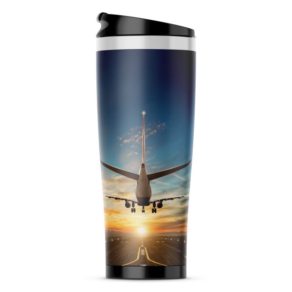 Airplane over Runway Towards the Sunrise-Vertical Designed Stainless Steel Travel Mugs Online Hot Sale