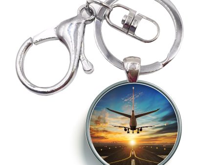 Airplane over Runway Towards the Sunrise Designed Circle Key Chains For Cheap