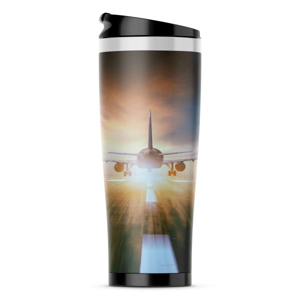 Airplane Flying Over Runway Designed Stainless Steel Travel Mugs Discount