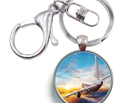 Airliner Jet Cruising over Clouds Designed Circle Key Chains Online now