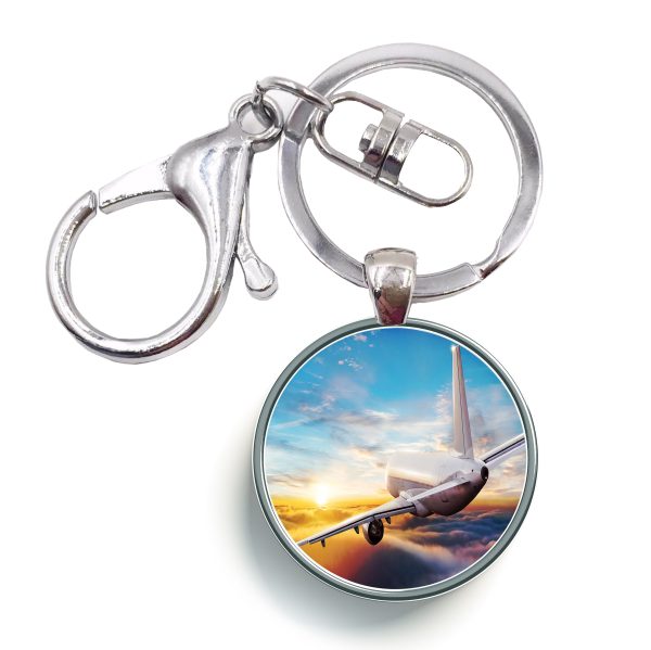 Airliner Jet Cruising over Clouds Designed Circle Key Chains Online now