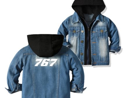 767 Flat Text Designed Children Hooded Denim Jackets Sale