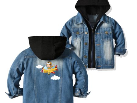 Cartoon Little Boy Operating Plane Designed Children Hooded Denim Jackets Supply