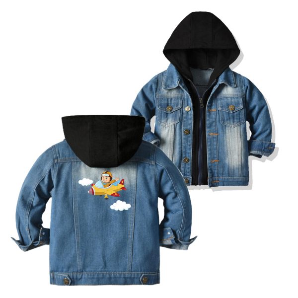 Cartoon Little Boy Operating Plane Designed Children Hooded Denim Jackets Supply