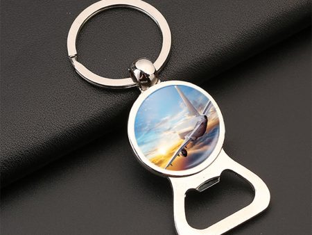 Airliner Jet Cruising over Clouds Designed Bottle Opener Key Chains For Sale