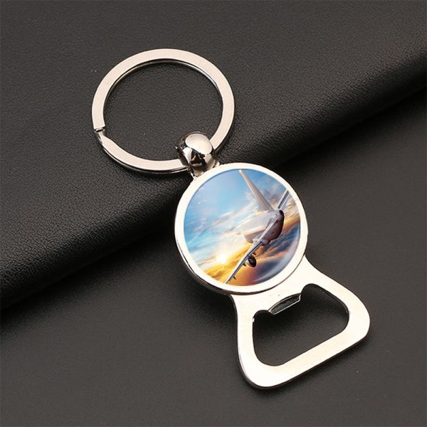 Airliner Jet Cruising over Clouds Designed Bottle Opener Key Chains For Sale