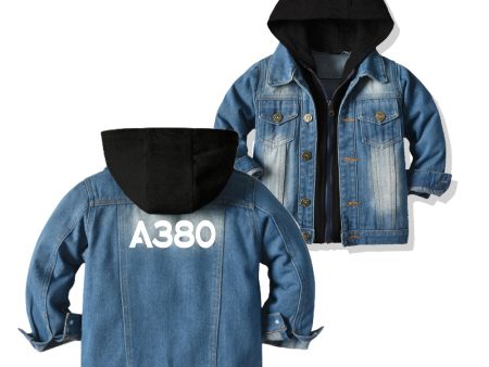 A380 Flat Text Designed Children Hooded Denim Jackets on Sale