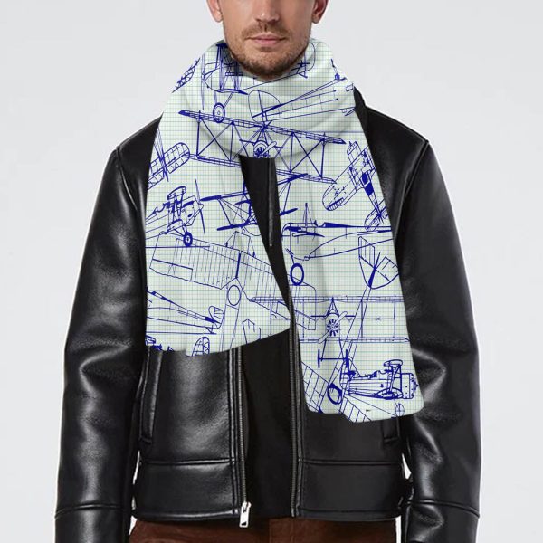 Amazing Drawings of Old Aircrafts Designed Scarfs on Sale