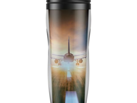 Airplane Flying Over Runway Designed Plastic Travel Mugs Online now