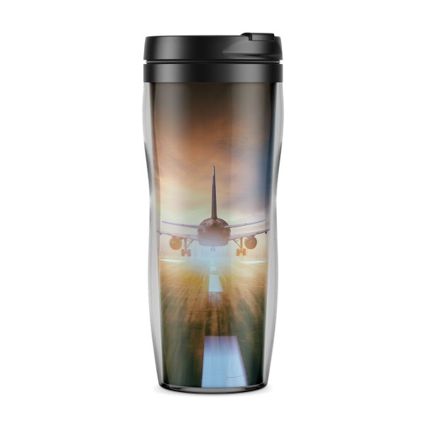 Airplane Flying Over Runway Designed Plastic Travel Mugs Online now