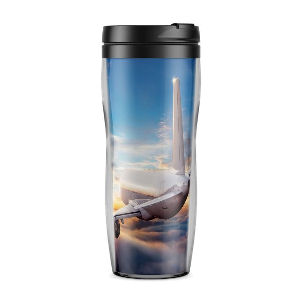 Airliner Jet Cruising over Clouds-Vertical Designed Plastic Travel Mugs Fashion