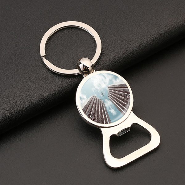 Airplane Flying over Big Buildings Designed Bottle Opener Key Chains Supply