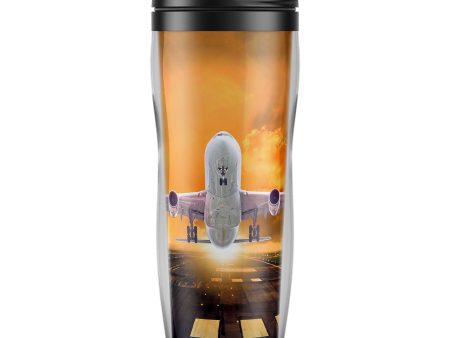 Amazing Departing Aircraft Sunset & Clouds Behind Designed Plastic Travel Mugs Supply