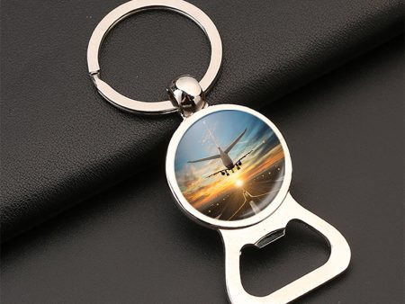 Airplane over Runway Towards the Sunrise Designed Bottle Opener Key Chains For Discount