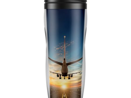 Airplane over Runway Towards the Sunrise-Vertical Designed Plastic Travel Mugs on Sale