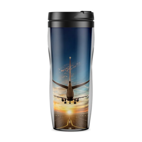 Airplane over Runway Towards the Sunrise-Vertical Designed Plastic Travel Mugs on Sale