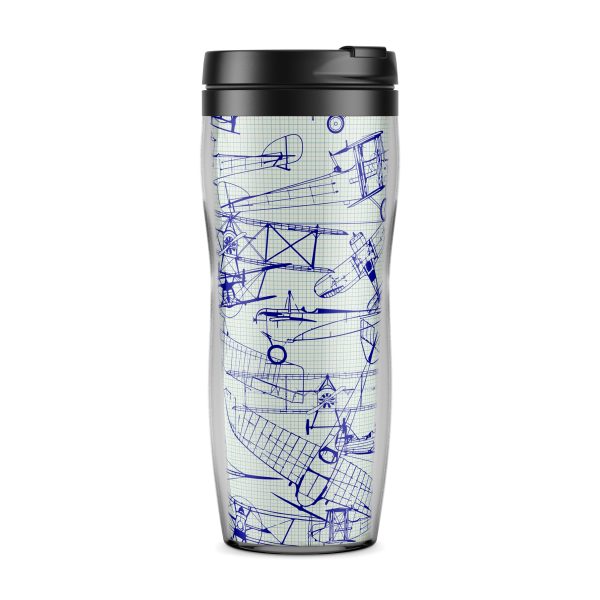 Amazing Drawings of Old Aircrafts Designed Plastic Travel Mugs Supply